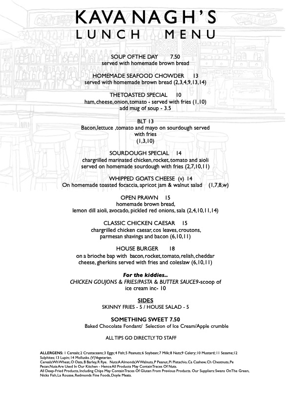 Kavanaghs lunch menu, September 2026. Includes soup, seafood chowder, sandwiches, salads, a house burger, children's meals, sides and desserts. The PDF below contains the full text, prices and allergen information.